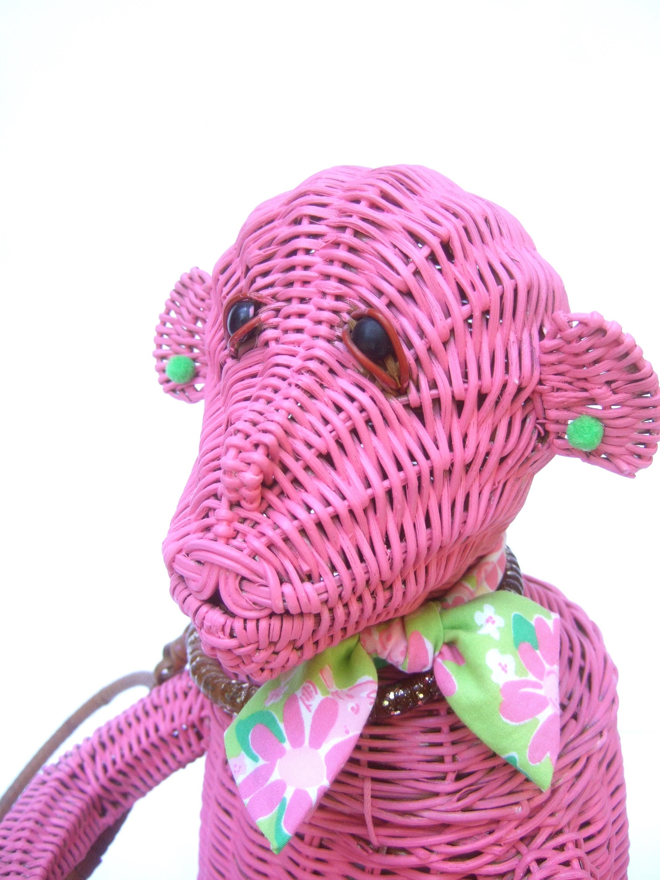 Women's Whimsical Vintage Wicker Monkey Handbag With Lilly Pulitzer Fabric c 1950's