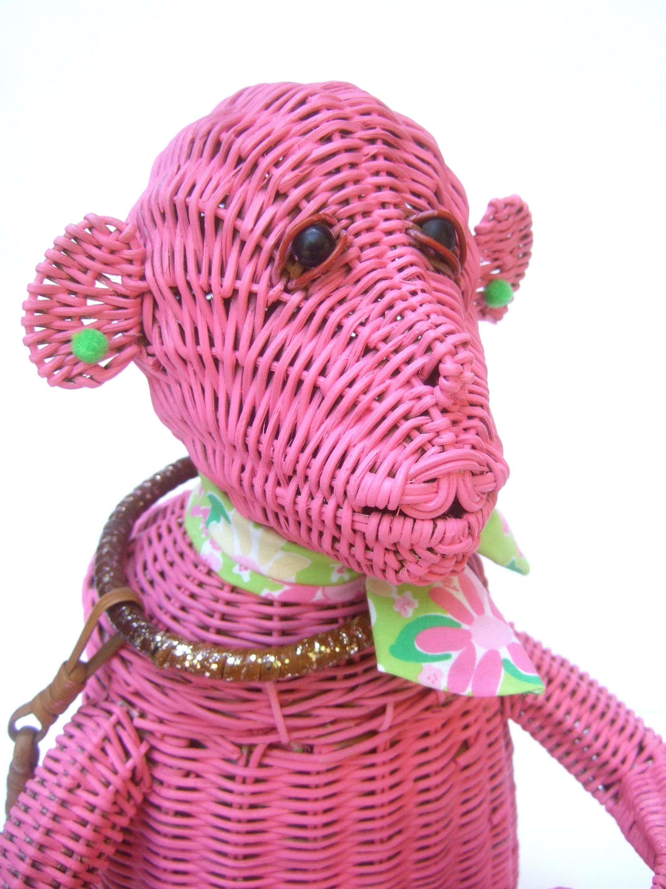 Whimsical Vintage Wicker Monkey Handbag With Lilly Pulitzer Fabric c 1950's  1