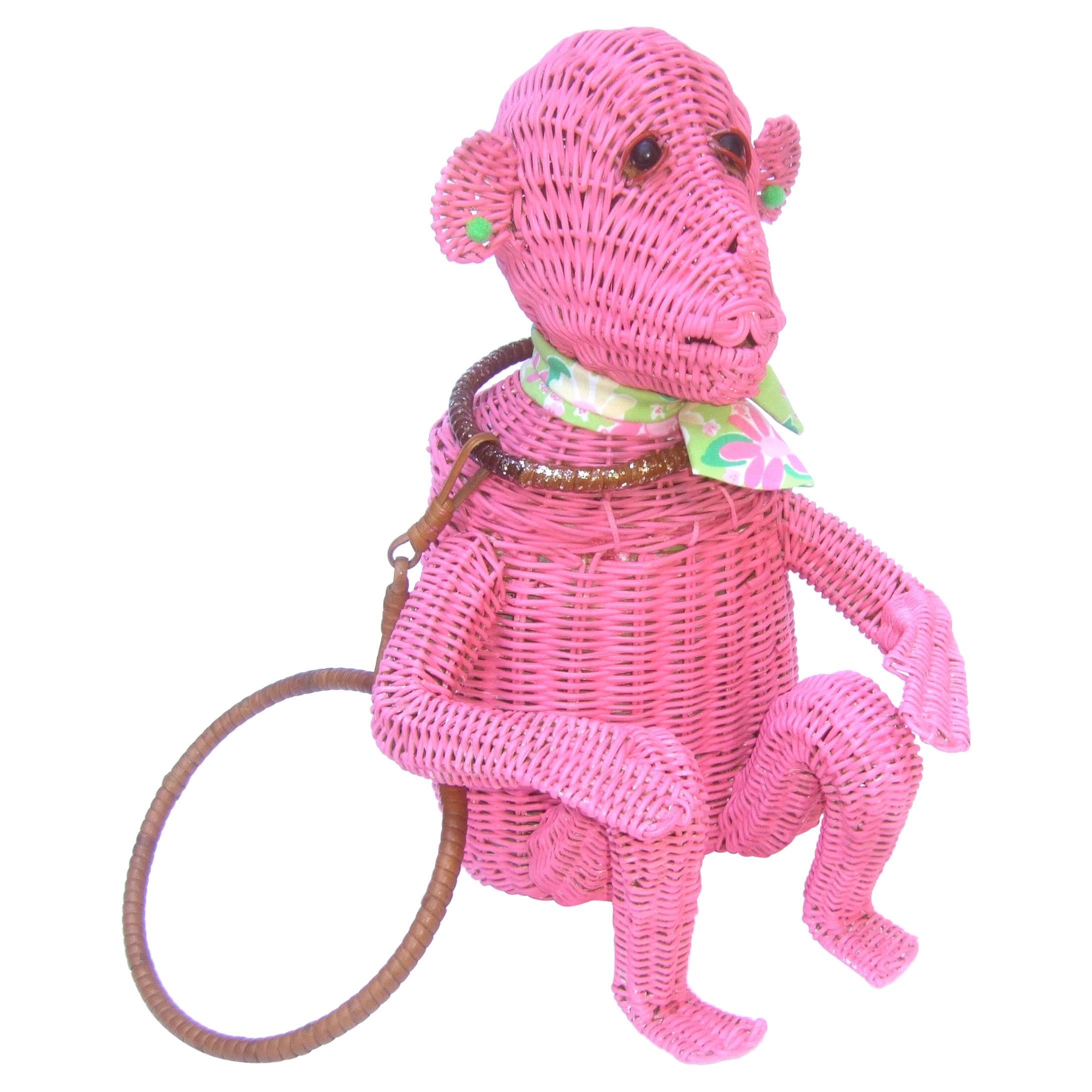 Whimsical Vintage Wicker Monkey Handbag With Lilly Pulitzer Fabric c 1950's 