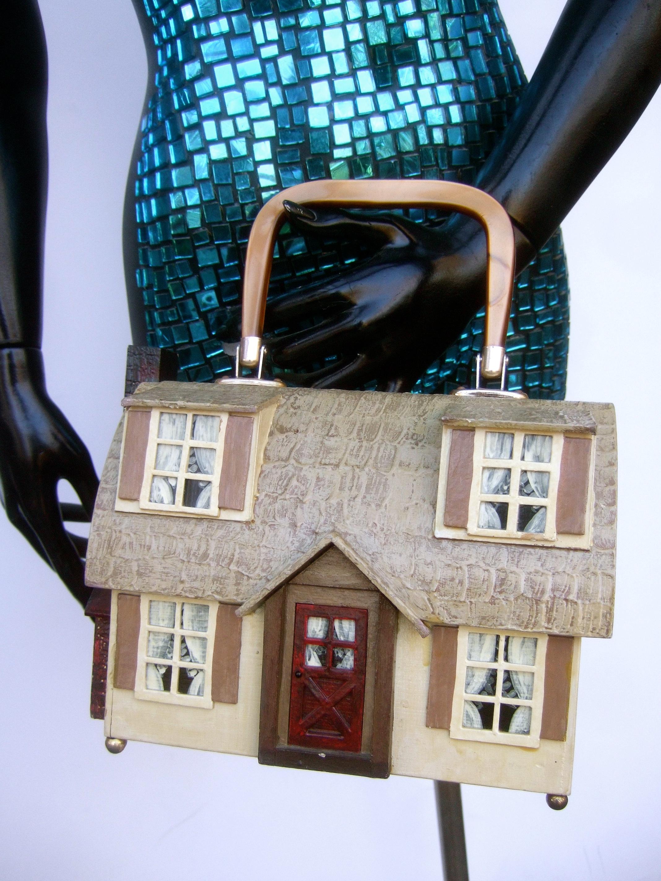 Whimsical Wood Enamel Handmade Artisan House Design Handbag c 1970s In Good Condition In University City, MO