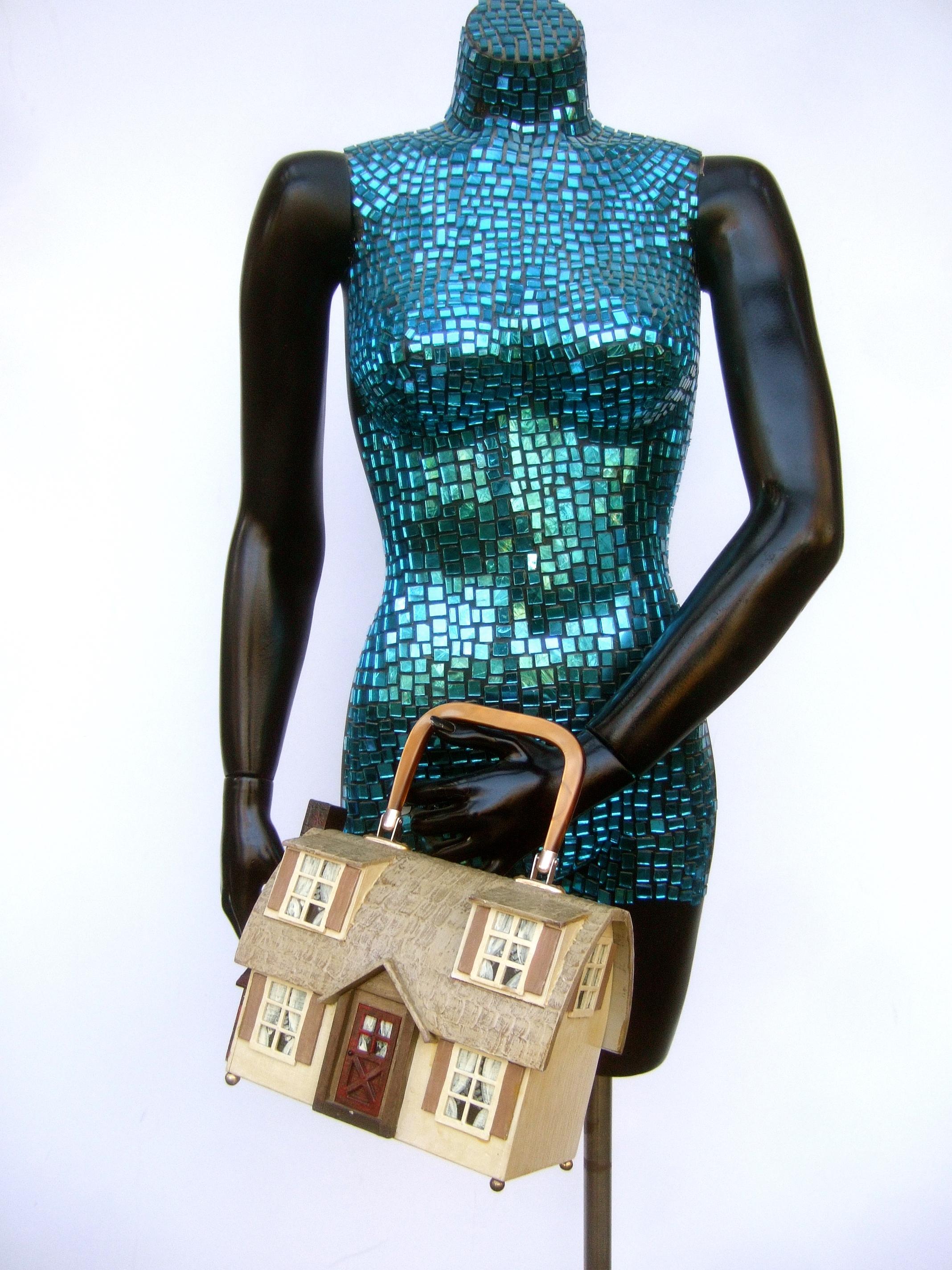Women's Whimsical Wood Enamel Handmade Artisan House Design Handbag c 1970s