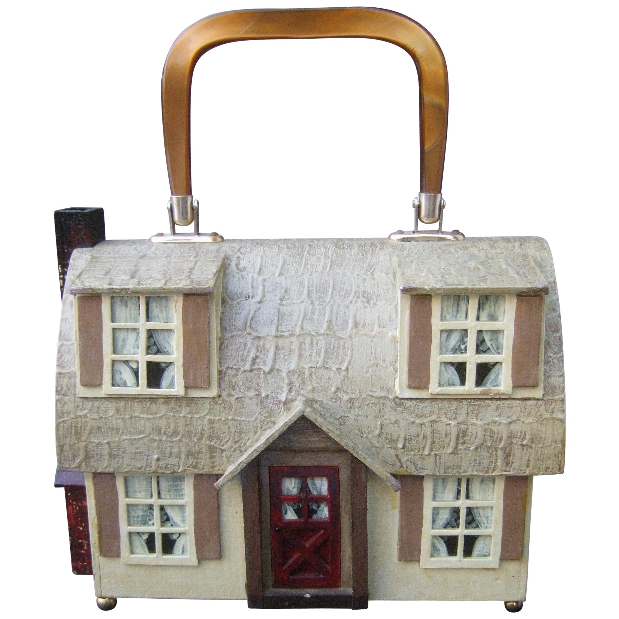 Whimsical Wood Enamel Handmade Artisan House Design Handbag c 1970s
