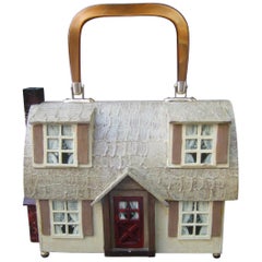 Vintage Whimsical Wood Enamel Handmade Artisan House Design Handbag c 1970s