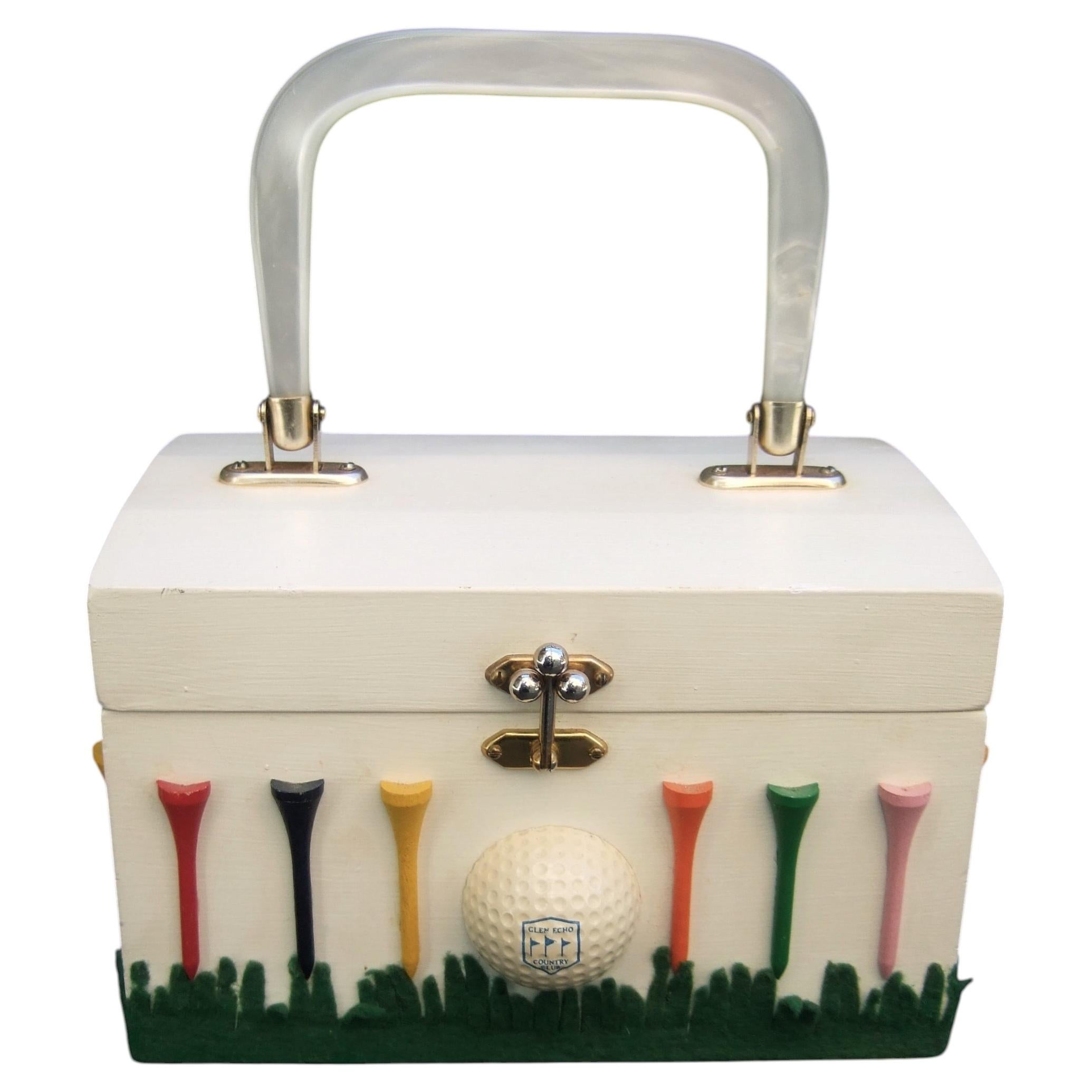 Whimsical Wood Enamel Handmade Golf Theme Box Purse c 1970s For Sale