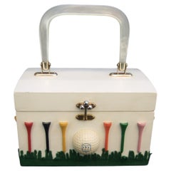 Whimsical Wood Enamel Handmade Golf Theme Box Purse c 1970s