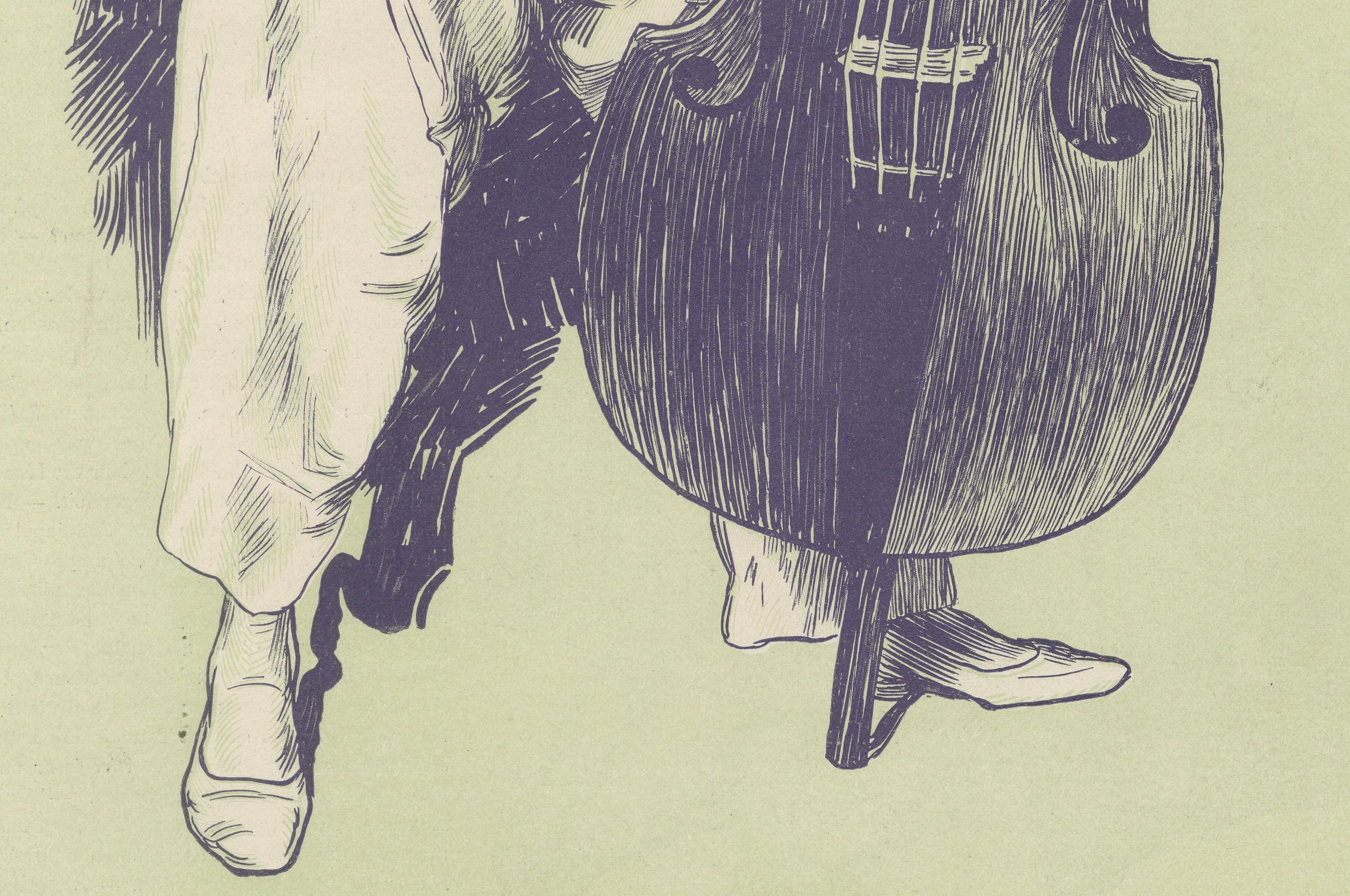 Whimsical Woodcut of Pierrot Tuning a Double Bass – Erich Elze, 1900

This captivating woodcut titled 