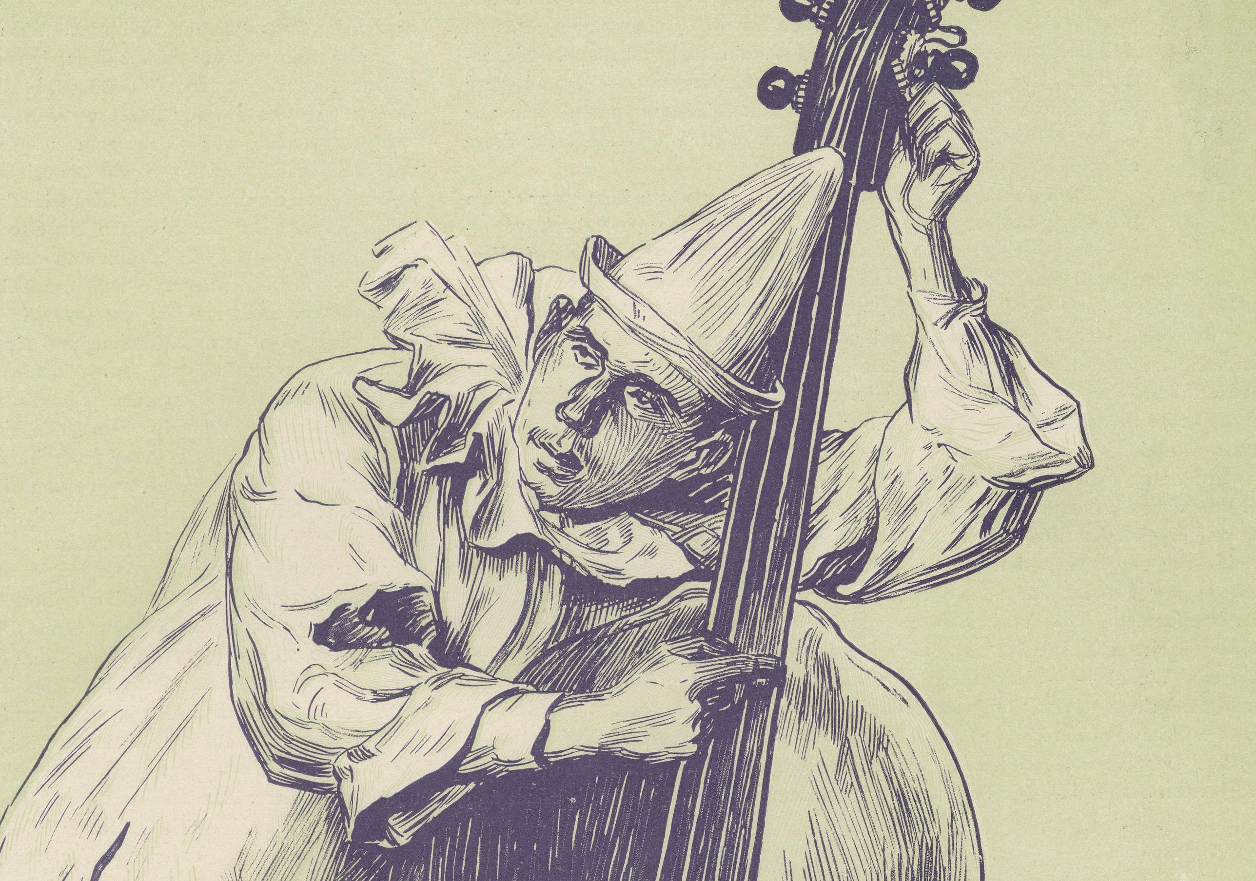 Whimsical Woodcut of Pierrot Tuning a Double Bass – Erich Elze, 1900 im Zustand „Gut“ im Angebot in Langweer, NL