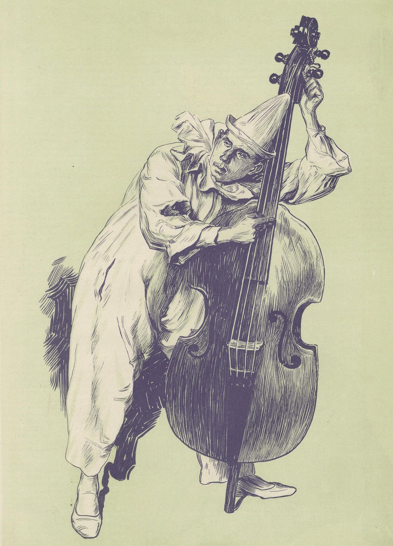 Whimsical Woodcut of Pierrot Tuning a Double Bass – Erich Elze, 1900 (Frühes 20. Jahrhundert) im Angebot