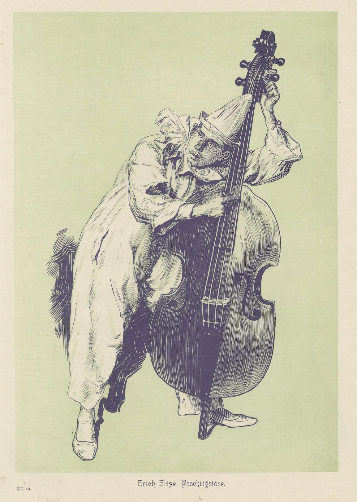 Whimsical Woodcut of Pierrot Tuning a Double Bass – Erich Elze, 1900 (Papier) im Angebot