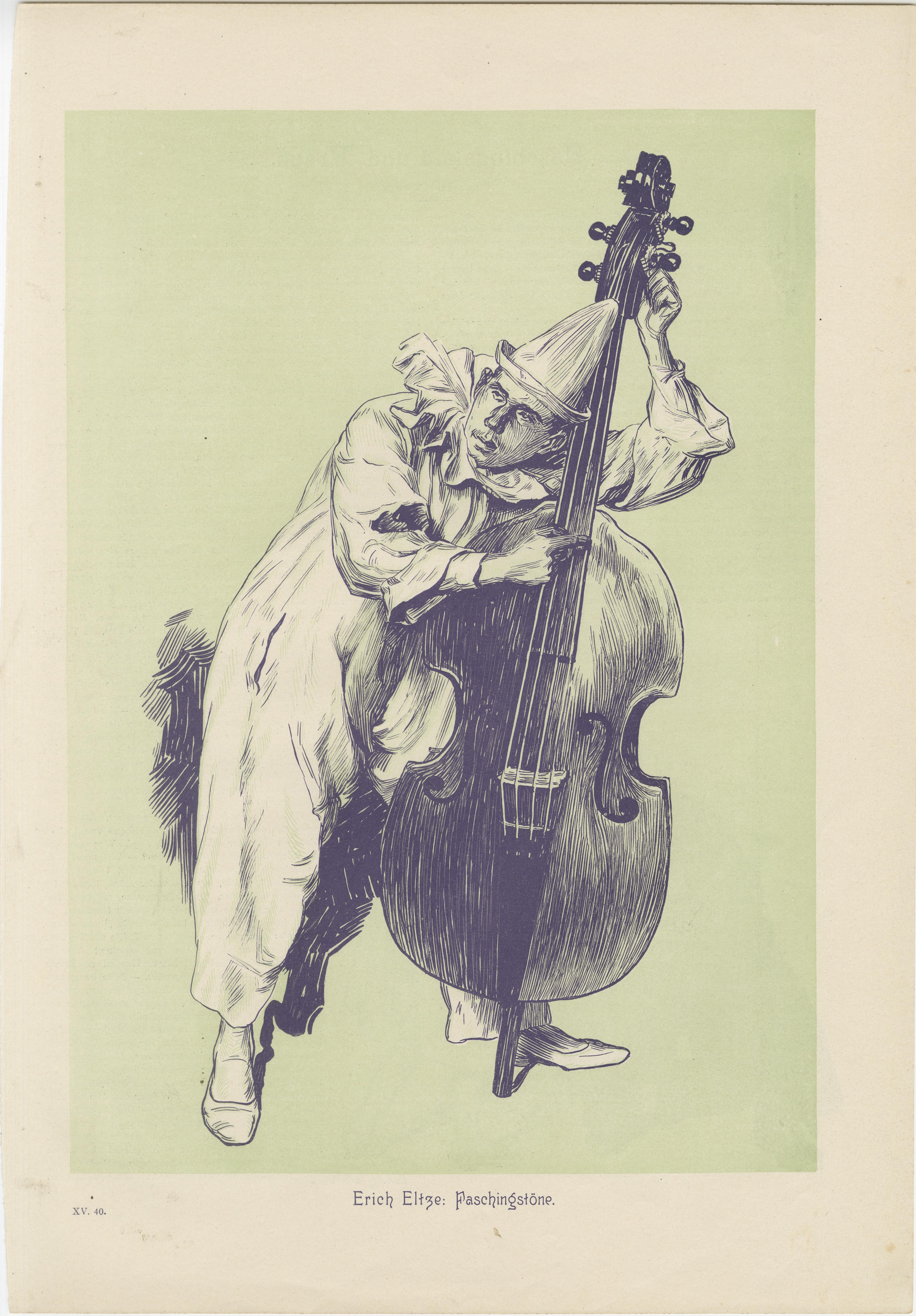 Whimsical Woodcut of Pierrot Tuning a Double Bass – Erich Elze, 1900 im Angebot 1