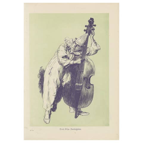 Whimsical Woodcut of Pierrot Tuning a Double Bass – Erich Elze, 1900