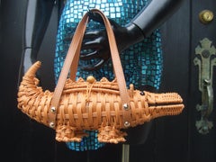 Whimsical Woven Vinyl Wicker Alligator Handbag c 21st