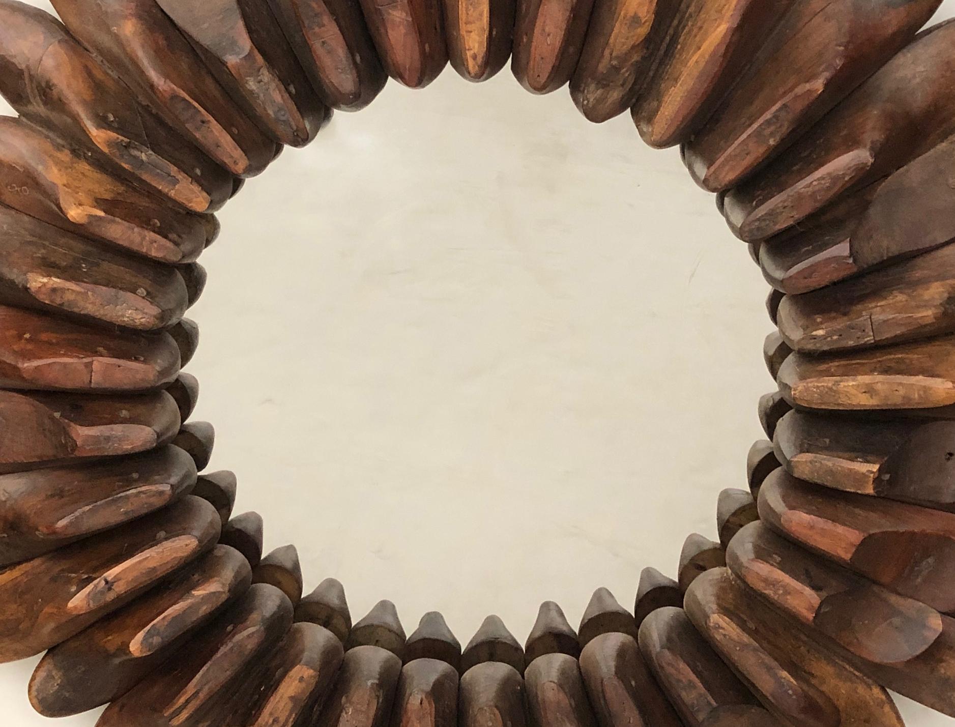 Whimsically-Assembled Circular Folk Art Mirror of Antique Wooden Shoe Molds In Good Condition In San Francisco, CA