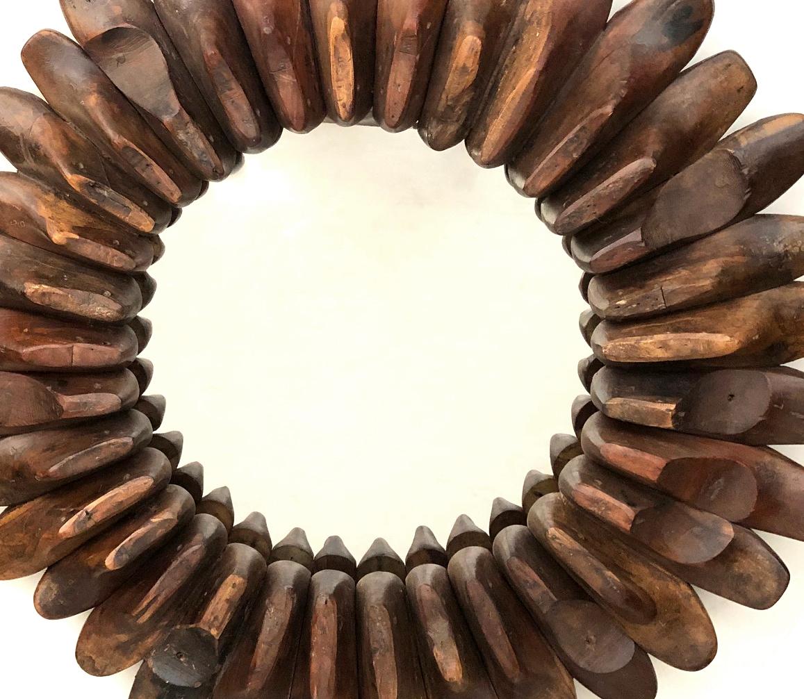 Whimsically-Assembled Circular Folk Art Mirror of Antique Wooden Shoe Molds 2