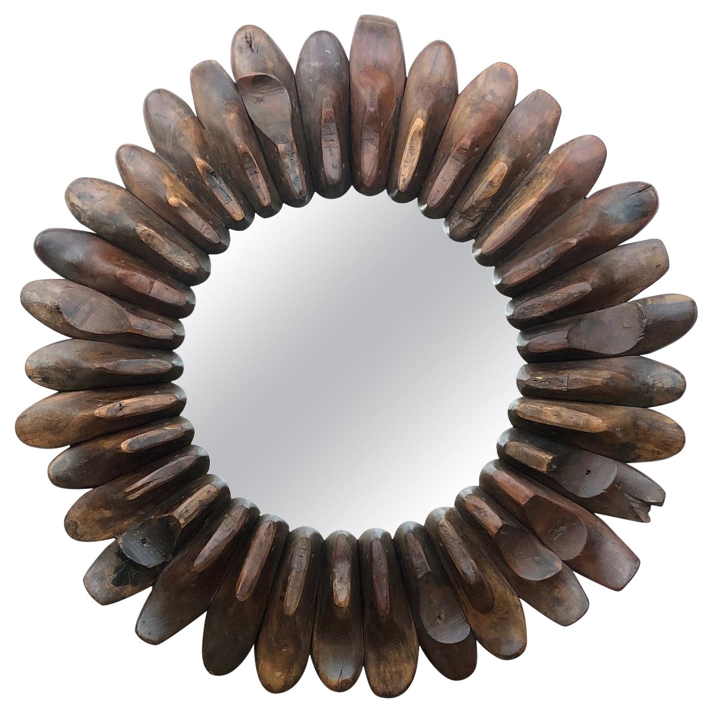 Whimsically-Assembled Circular Folk Art Mirror of Antique Wooden Shoe Molds