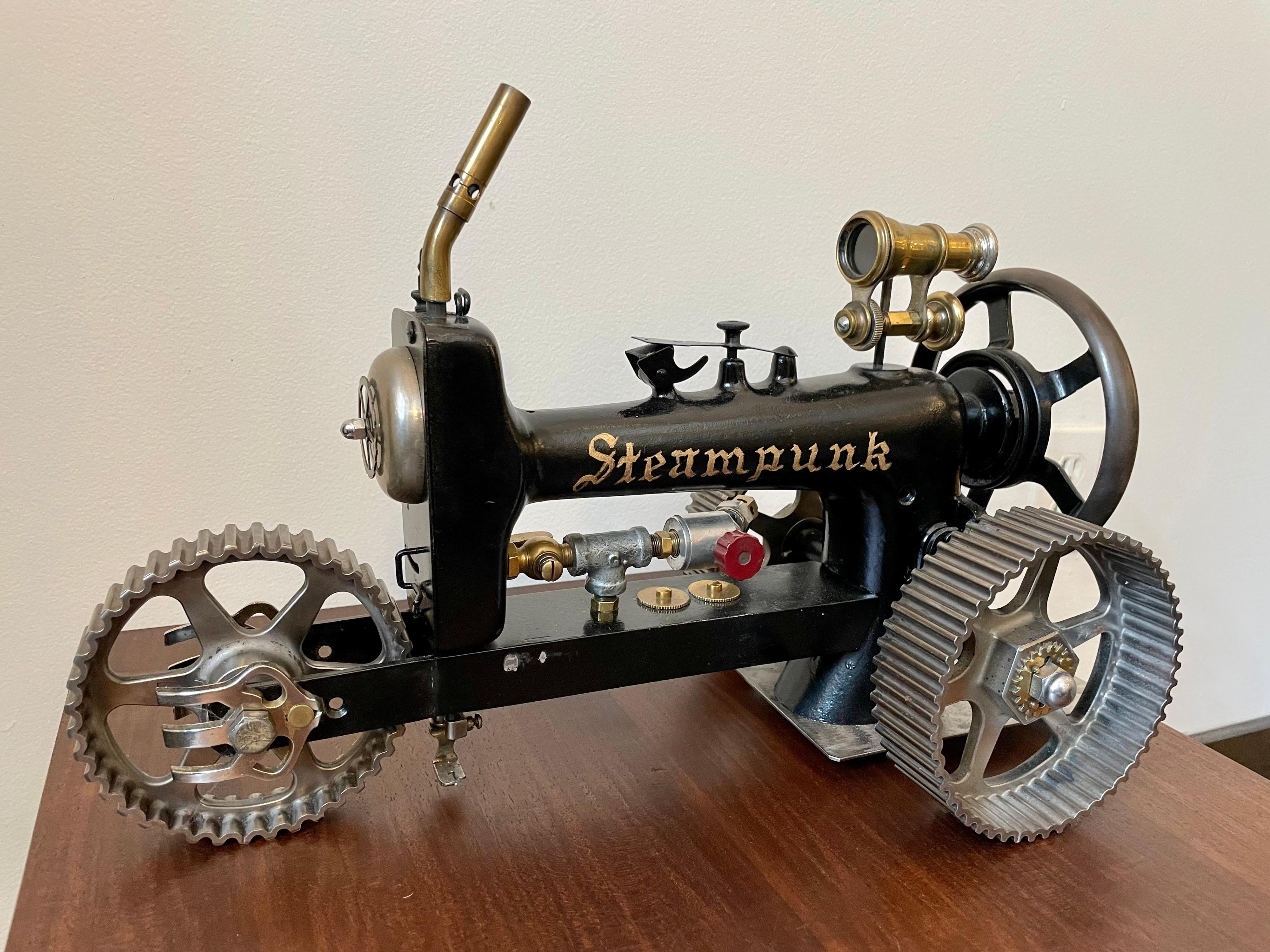 This amazingly creative sculpture is made from industrial components, including a vintage sewing machine. This masterpiece was made by Mr. T. Falk, who is 88 years old and creates one-of-a-kind sculptures. This is signed and stamped to bottom. Very