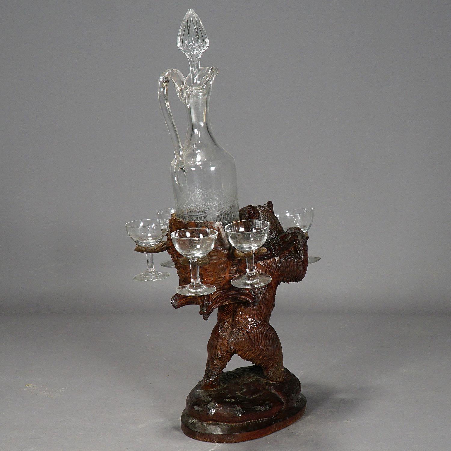 Black Forest Whimsy Wooden Carved Bear Decanter Stand Swiss Brienz, 1900