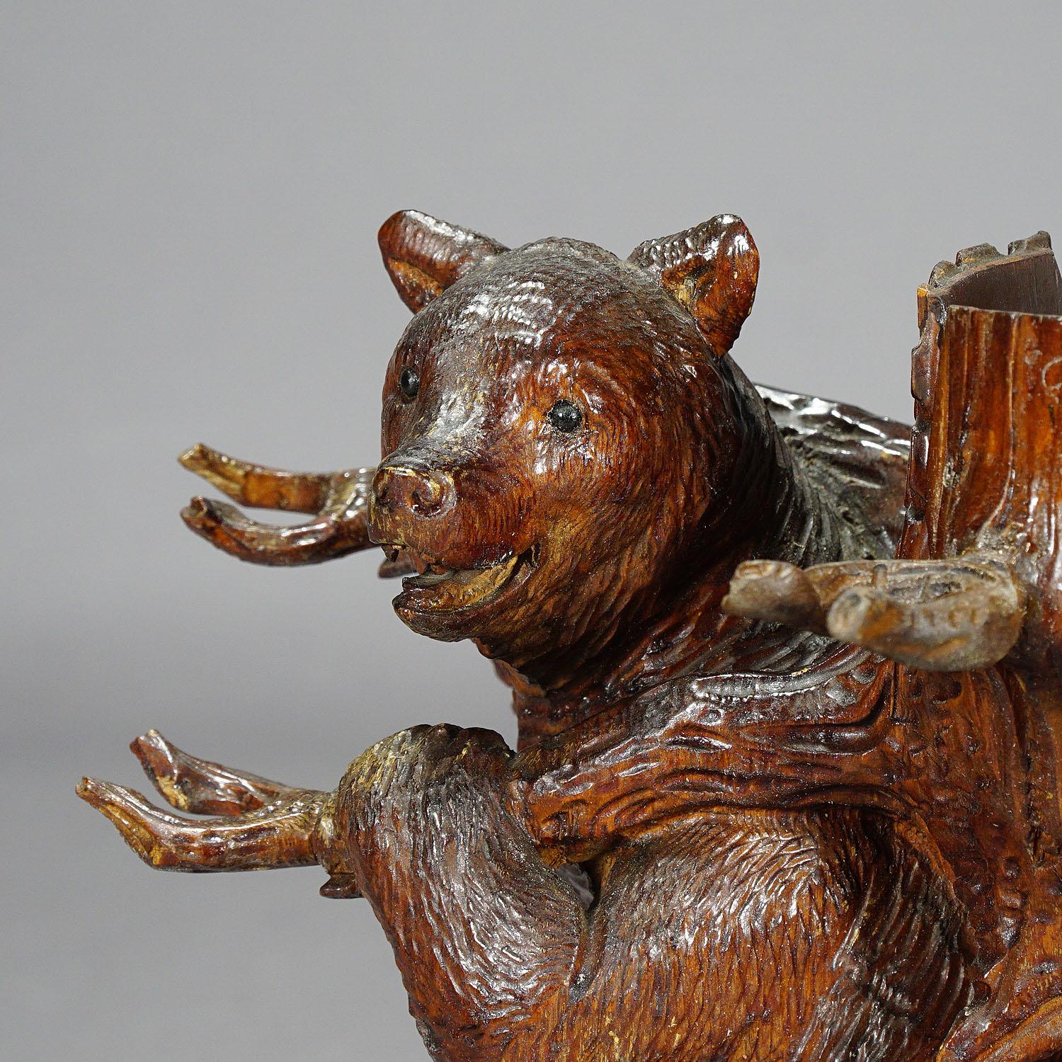 Glass Whimsy Wooden Carved Bear Decanter Stand Swiss Brienz, 1900