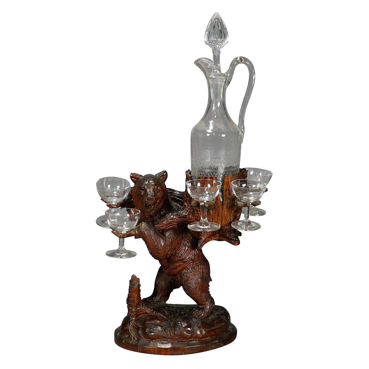 Whimsy Wooden Carved Bear Decanter Stand Swiss Brienz, 1900