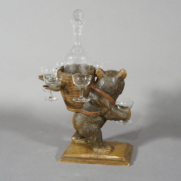 Whimsy Wooden Carved Bear Decanter Stand Swiss Brienz 1920 For Sale at