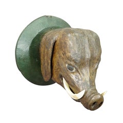 Whimsy Wooden Carved Wild Boar Head, Germany ca. 1920s