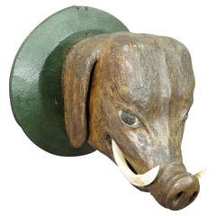 Whimsy Wooden Carved Wild Boar Head, Germany ca. 1920s