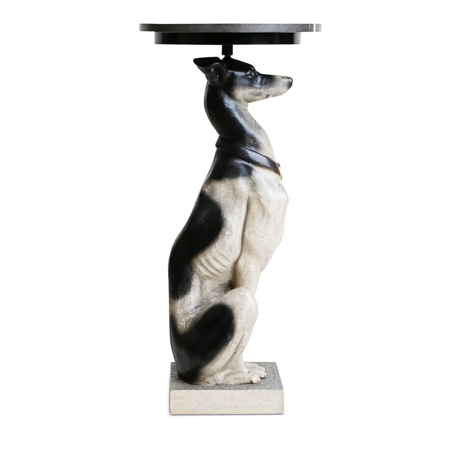 Pair of (two) Whippet sculpture pedestals fabricated from patinated metal and topped with Pietra Grigio gray limestone tops displaying beautifully contrasting movement and veining. 

This idiosyncratic Maison Jansen styled couple would add an