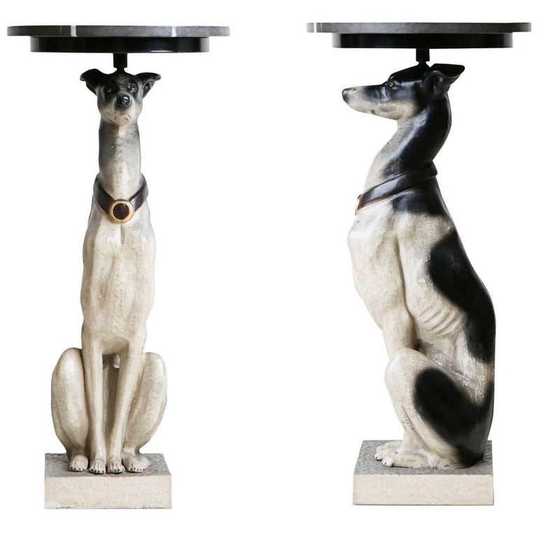 Whippet Sculpture Pedestals with Pietra Grigio Gray Limestone Tops at