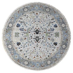 Whirlwind Gray All Wool Hand Knotted Floral Motif Oushak Round Rug 9'10" x 9'10"