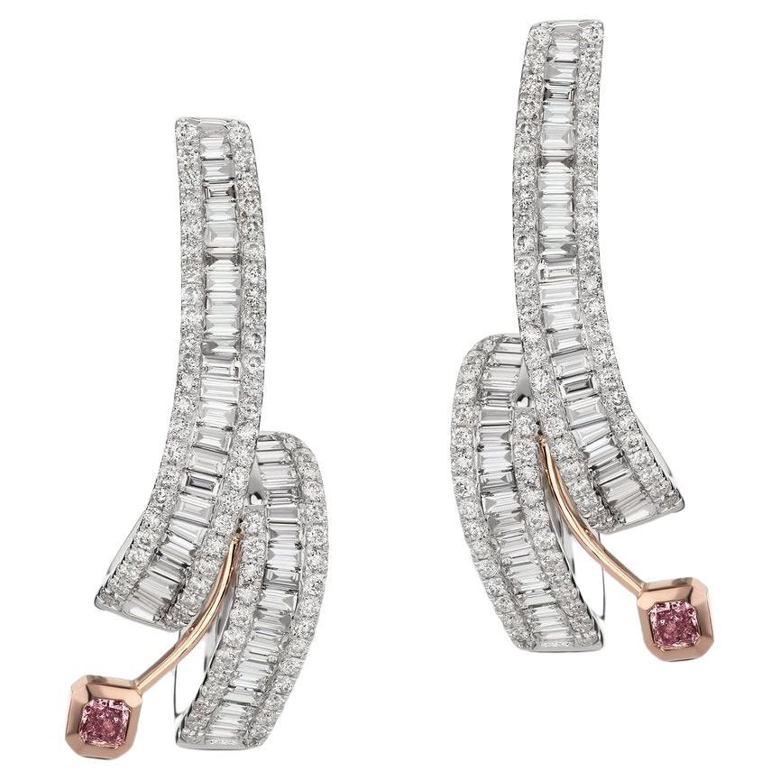 Whirlwind Pink Diamond and White Baguette Diamond Earrings For Sale