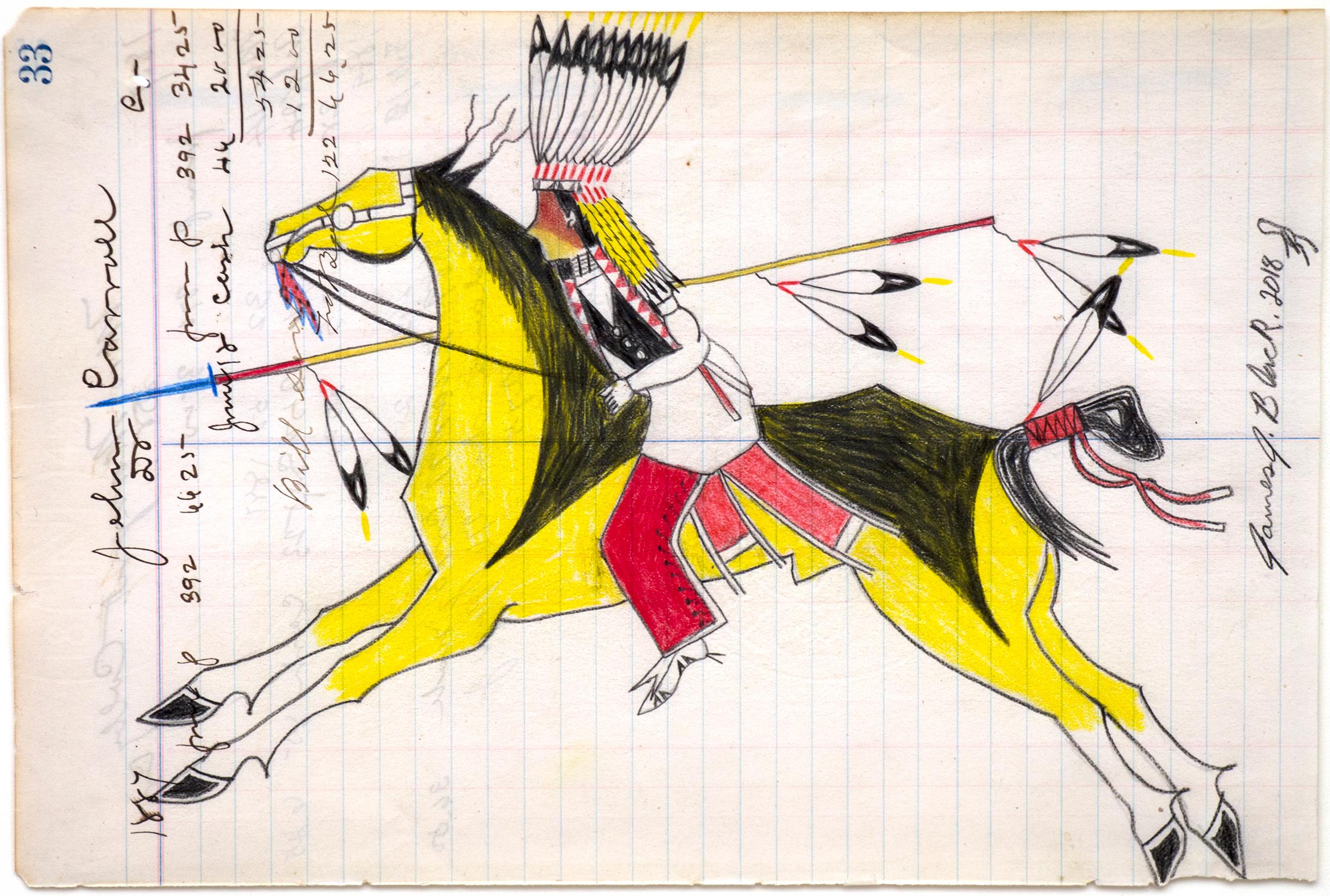 Traditional style ledger drawing depicting a Cheyenne soldier (Native American - Plains Indian) wearing full regalia and riding on horseback. Oil based colored pencil and ink on antique paper (part of a ledger marked 