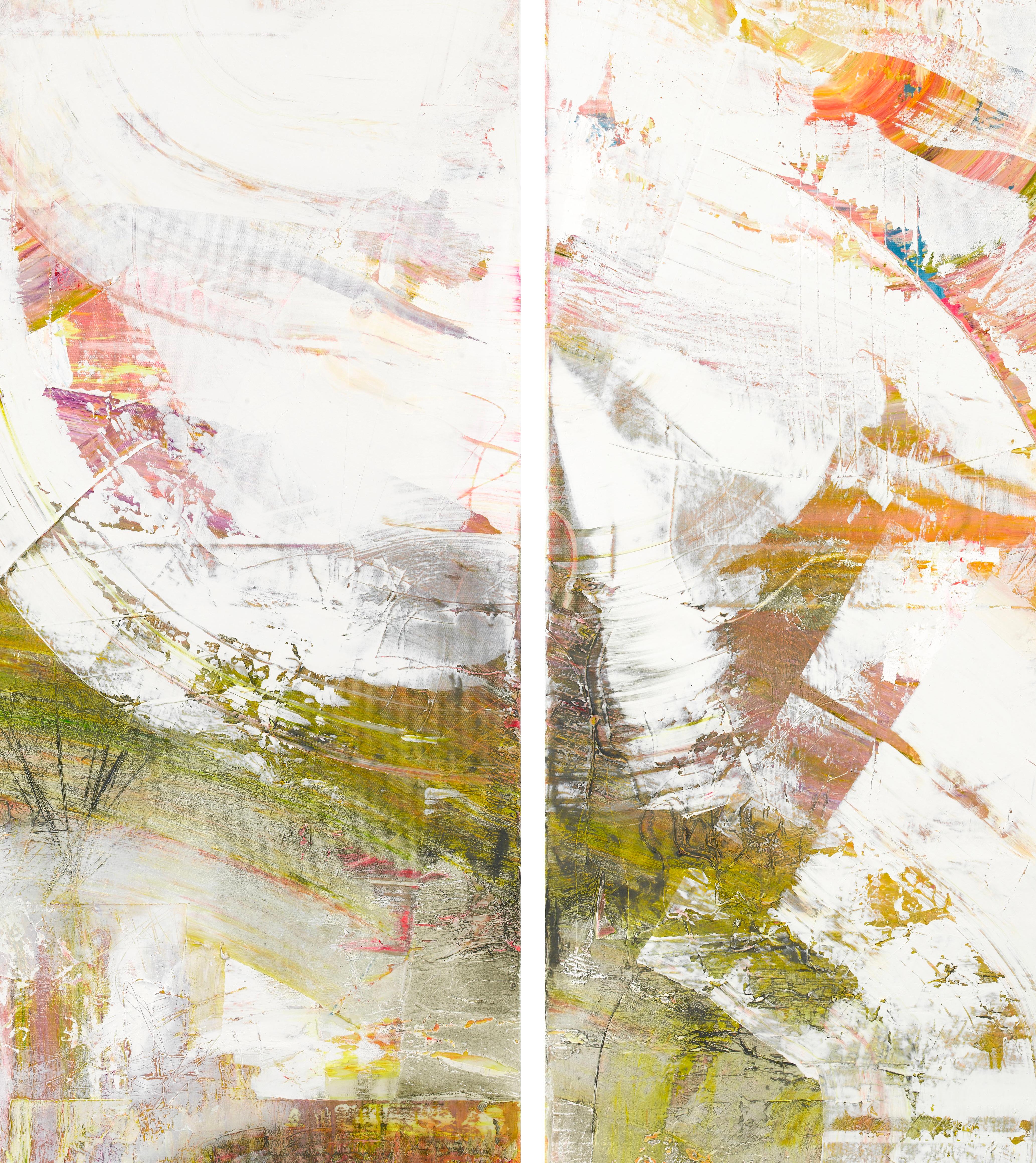 British Huge contemporary impressionistic triptych with flashes of color on milky ground For Sale
