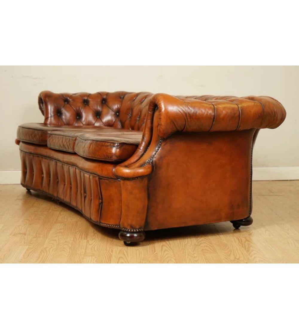 Whiskey Brown Hand Dyed Leather Serpentine Club Chesterfield Sofa For Sale 5