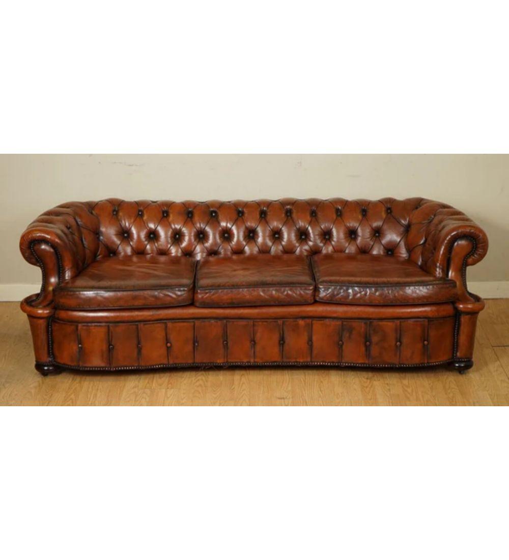 Victorian Whiskey Brown Hand Dyed Leather Serpentine Club Chesterfield Sofa