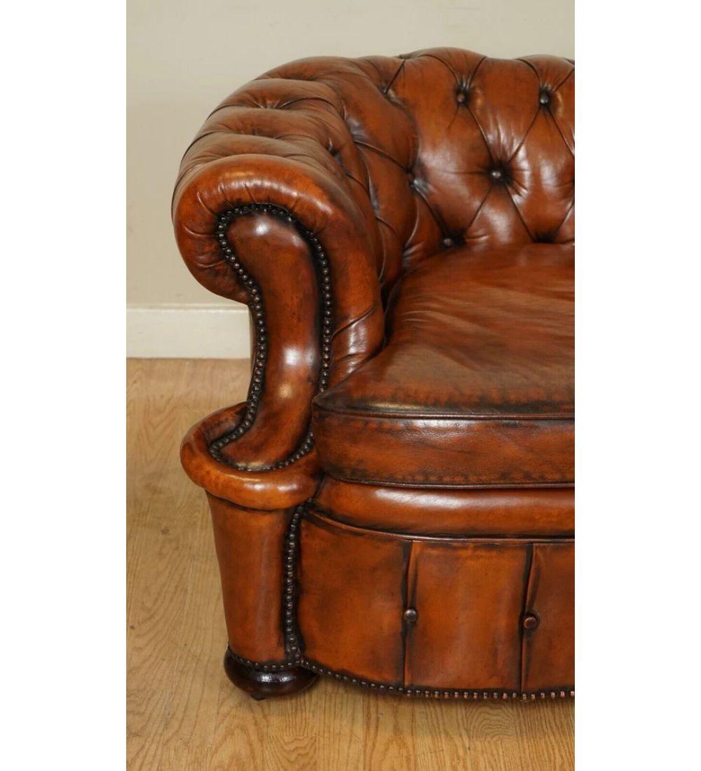 British Whiskey Brown Hand Dyed Leather Serpentine Club Chesterfield Sofa For Sale