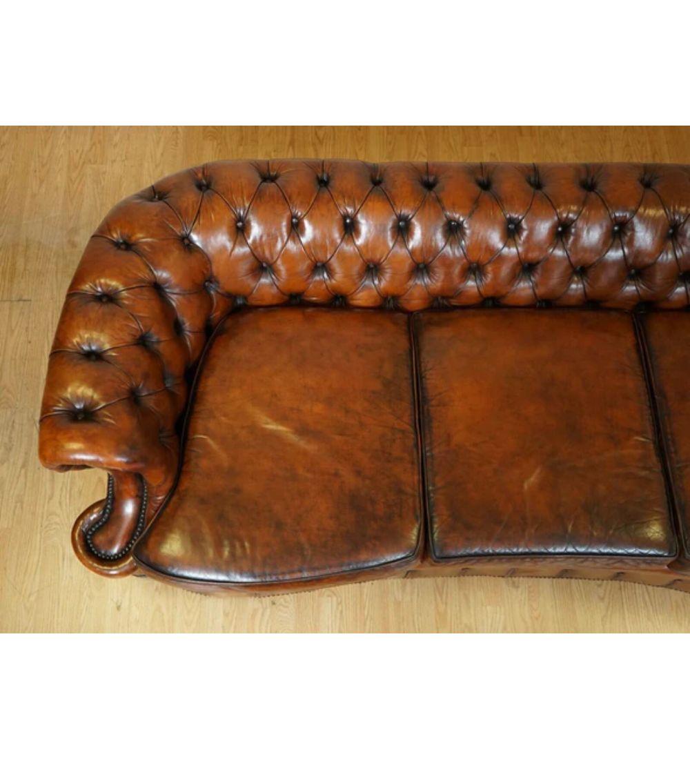 20th Century Whiskey Brown Hand Dyed Leather Serpentine Club Chesterfield Sofa For Sale