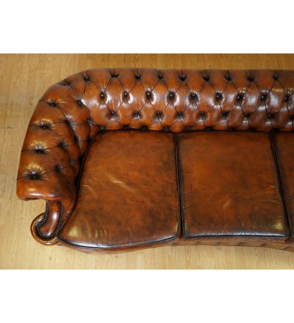 20th Century Whiskey Brown Hand Dyed Leather Serpentine Club Chesterfield Sofa