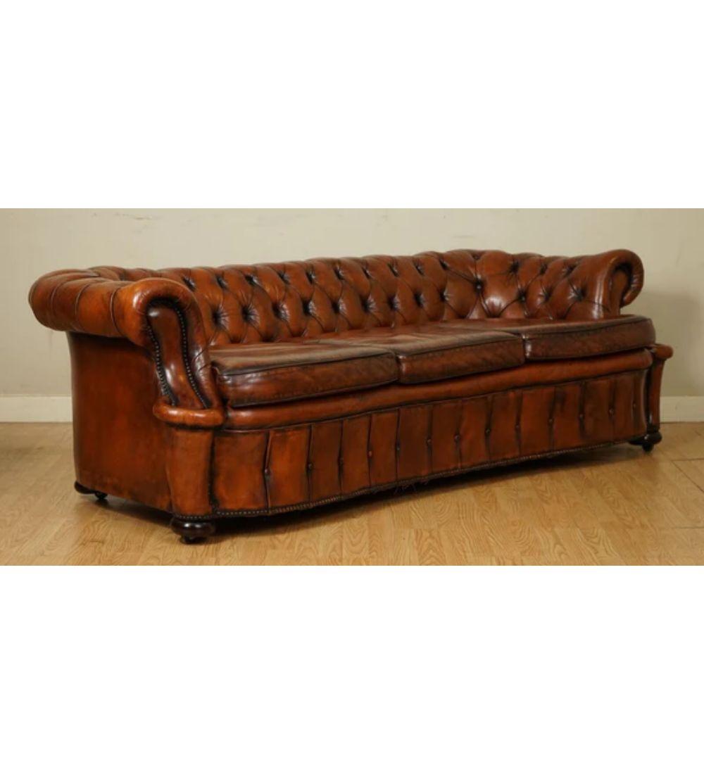 Whiskey Brown Hand Dyed Leather Serpentine Club Chesterfield Sofa 3