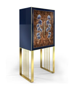 Whiskey Drink Cabinet in walnut burl and English oak Ginkgo leaf motif marquetry