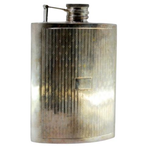 Whiskey flask in guilloche silver with monogram coat of arms and screw cap For Sale