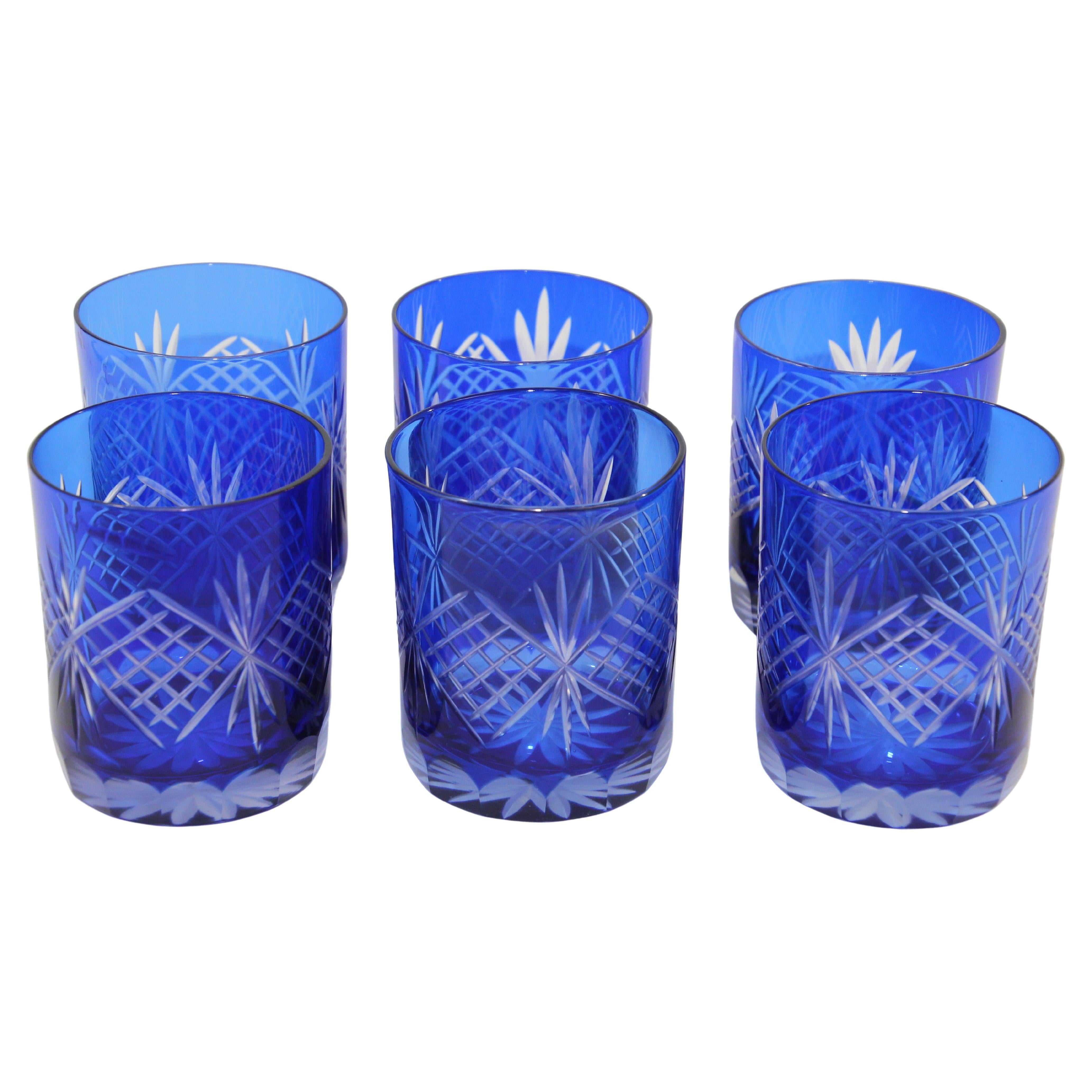 Whiskey Glass Tumbler Baccarat Sapphire Blue Cut Crystal Set of 6