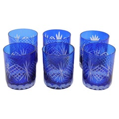 Retro Whiskey Glass Tumbler Baccarat Sapphire Blue Cut Crystal Set of 6