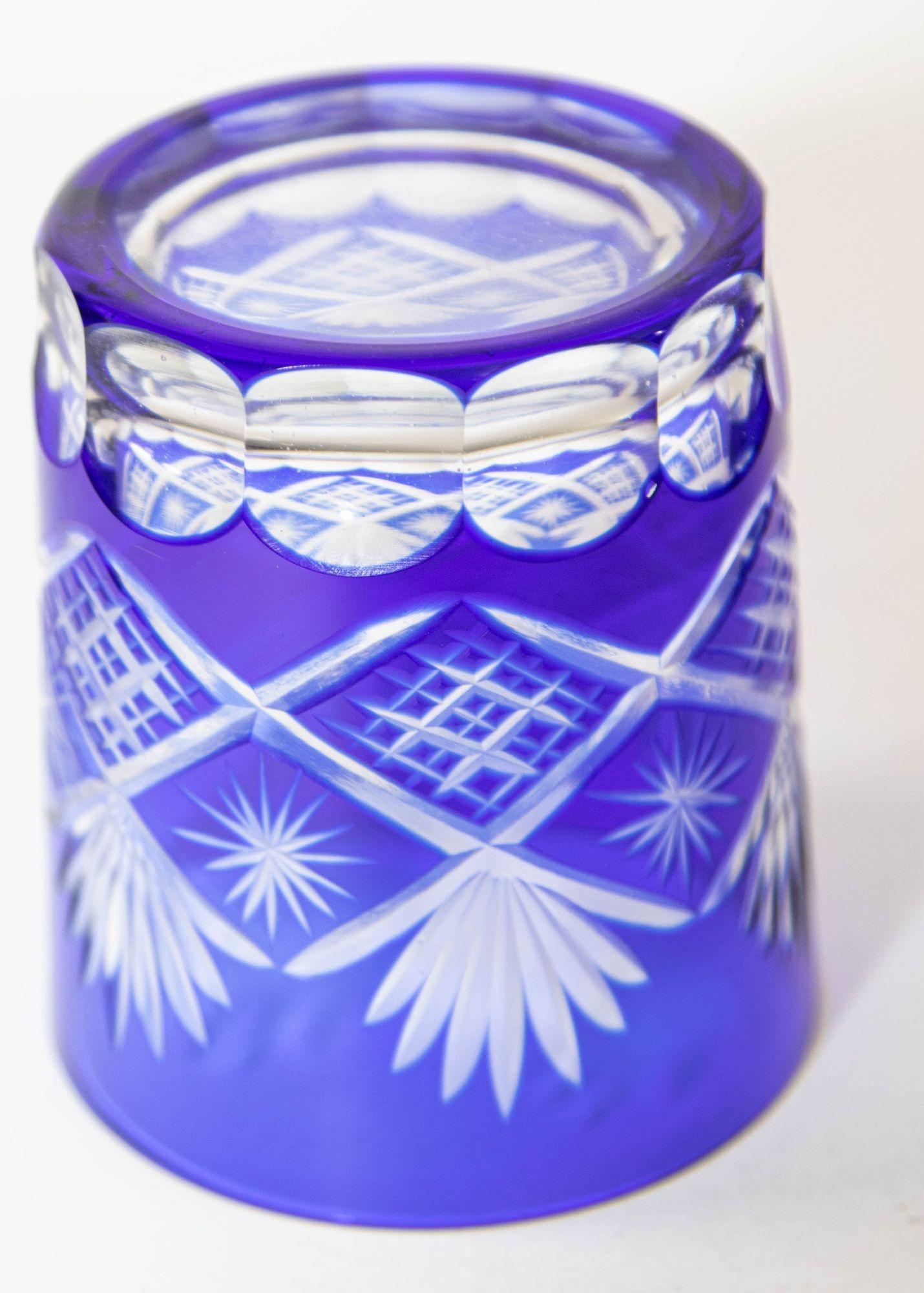 20th Century Whiskey Glass Tumbler Baccarat Style Sapphire Blue Cut Crystal
