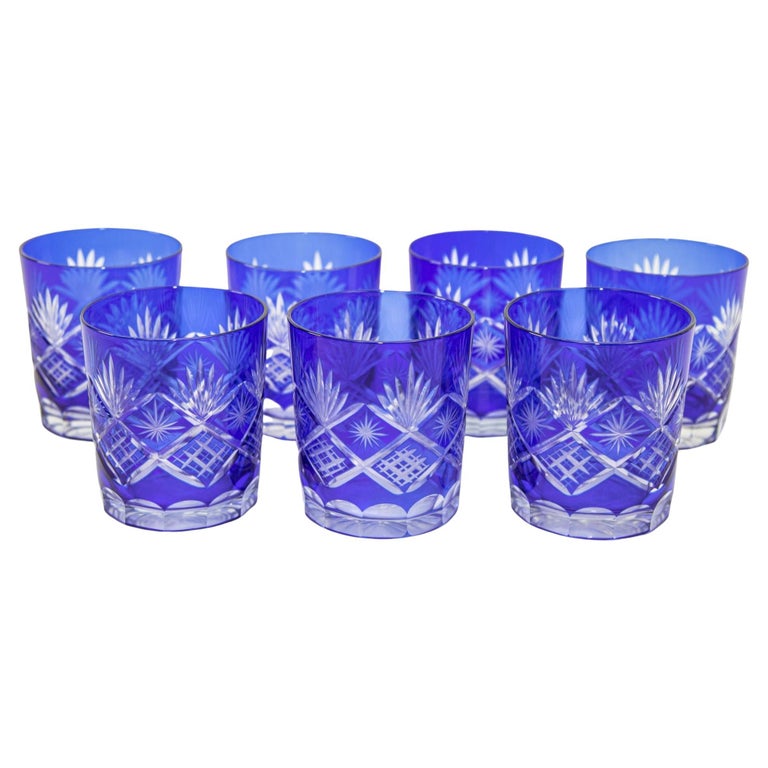 Whiskey Glass Tumbler Baccarat Style Sapphire Blue Cut Crystal For Sale