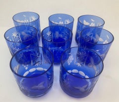 Whiskey Glasses Baccarat Style Sapphire Blue Cut Crystal Set of 8