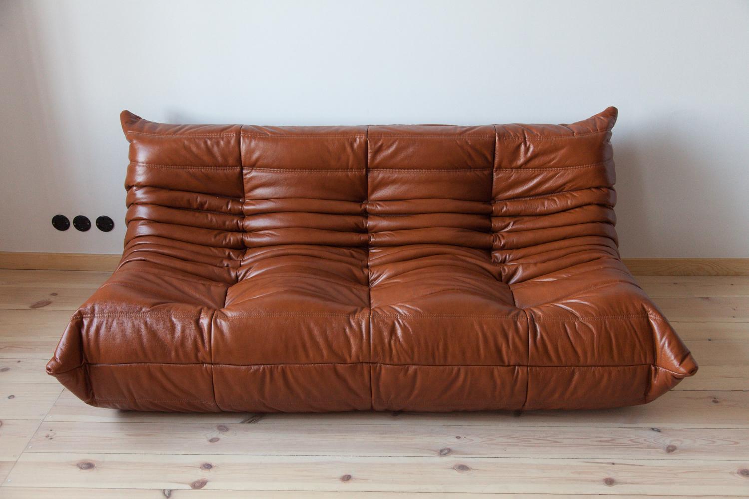 Mid-Century Modern Whiskey Leather Togo Living Room Set by Michel Ducaroy for Ligne Roset For Sale
