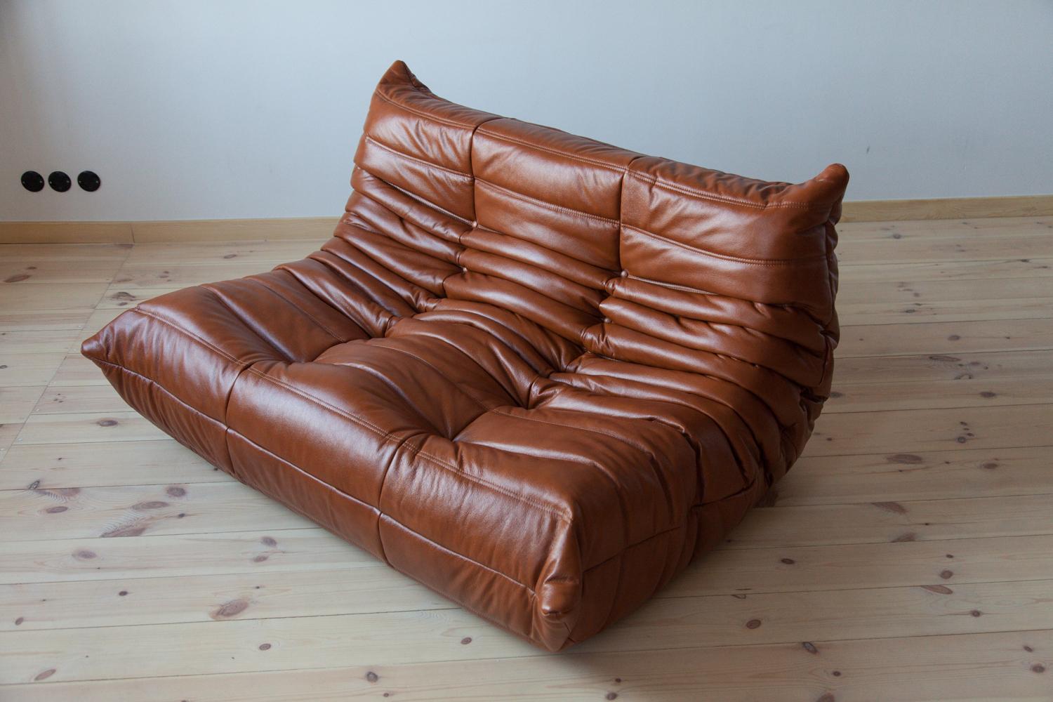 Whiskey Leather Togo Living Room Set by Michel Ducaroy for Ligne Roset For Sale 1