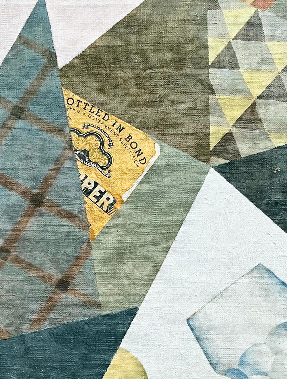 Dieses brillante Gemälde, das sich an den gebrochenen Flächen und geneigten Objekten kubistischer Meister wie Braque und Gris sowie an der polierten Kunst des Art Déco orientiert, zeigt die Elemente eines Whiskey Sour aus den 1940er Jahren, darunter