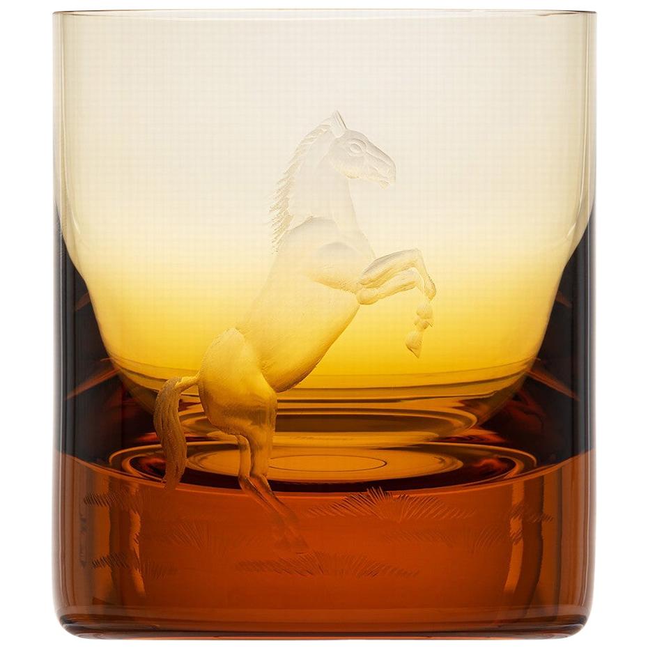 Whisky Crystal Tumbler with Engraved Horse 6 Topaz, 12.51 oz For Sale