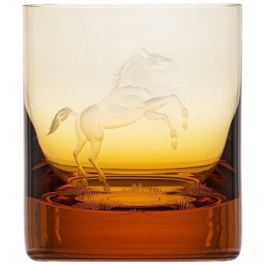Whisky Crystal Tumbler with Engraved Horse 3 Topaz, 12.51 oz For Sale